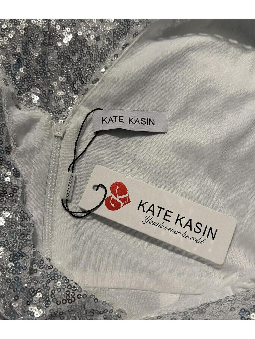 Kate Kasin Metallic Shimmer Sequin Evening Gown Floor Length Prom Dress, Size 10 - Picture 4 of 6